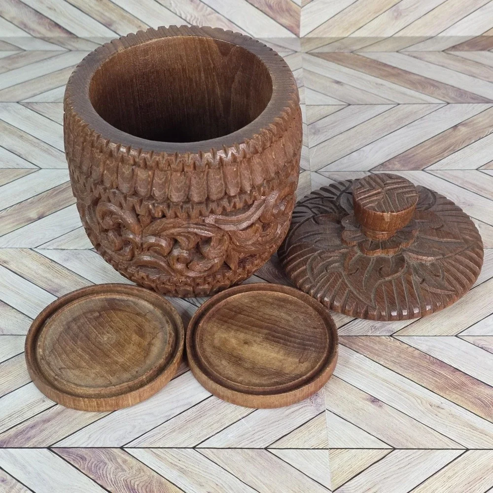 Vintage Ornate Carved Wooden Only 2 Coaster Set with Jar Holder and Lid 6